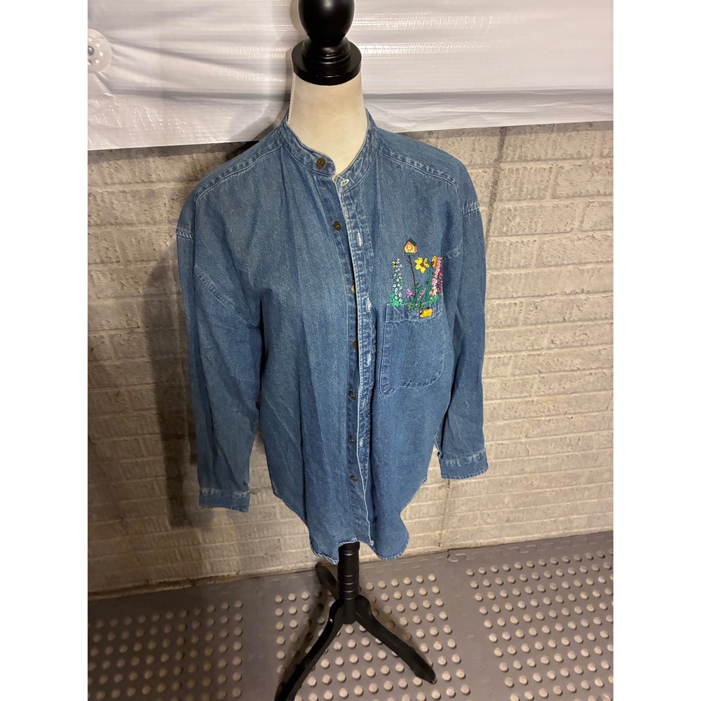 Badge Vintage‎ Denim Embroidered Floral Birdhouse Mandarin Collar Shirt Womens S